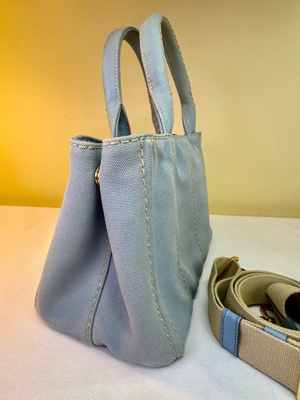 Prada Canapa Logo Canvas satchel Light blue Original Adj. Strap COA - Picture 8 of 17